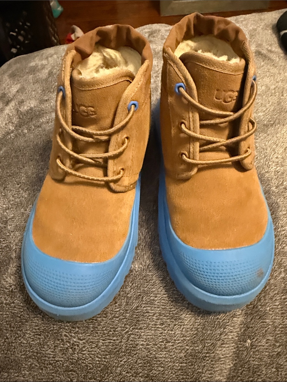 UGG Kids Tan Suede Ankle Boots with Blue Rubber Toe